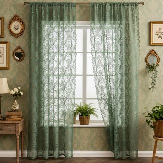 1pc green simple small rose window sheer, ready-made home lace curtain