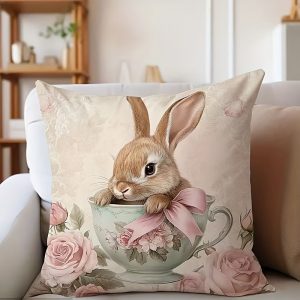 2D Flat-1pc Easter Bunny in a Teacup! Pink Rose Pillowcase, Super Cute, Featuring a Single-sided Print Design, Zipper Closure, Machine Washable, No Internal Filling, Suitable for Living Room, Bedroom, and Sofa Home Decor, 2D Flat