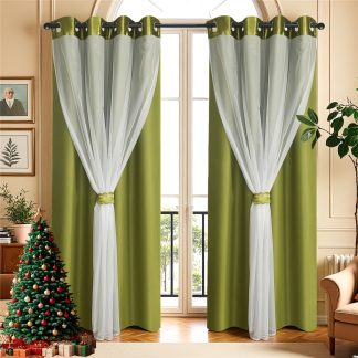 Cozy Christmas 2 Panels Room-Darkening Thermal Insulated Curtains, White Embroidered Sheer Voile with Festive Snowflakes, Double-Layered Grommet Drapes for Holiday Season