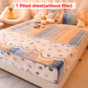 1 Thickened Soft Breathable Flannel Printed Fitted Sheet, Warm to the Touch with Moisture-Wicking and Wrinkle-Resistant Cover for Easy Removal, Suitable for All Seasons, 180g per Square Meter