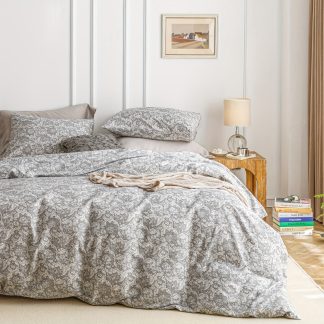 Boho Paisley Duvet Cover 100% Cotton Grey Bohemian Floral Duvet Cover 3pcs Set 1 Vintage European Style Flower Duvet Cover with Zipper Ties 2 Pillowcases Luxury Soft Gray Paisley Bedding