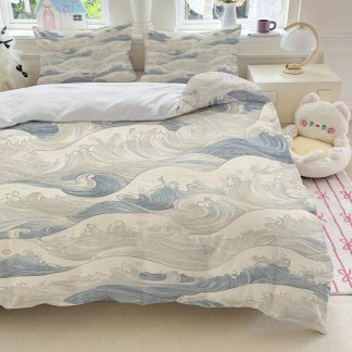 3pcs Japanese Wave Pattern Bedding - Blue And White Ocean Print (1 Duvet Cover And 2 Pillowcases, Without Core) - Ideal for Bedroom Decor