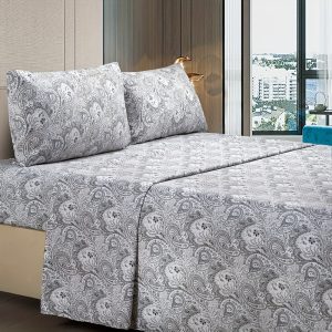 3u002F4pcs Solid Color Fitted Sheet Set, Soft Comfortable Breathable Bedding, for Bedroom, Guest Room, Gray Printing (1 X Flat Sheet And 1 X Fitted Sheet And 1u002F2 X Pillowcases, Without Core)