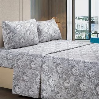 3u002F4pcs Solid Color Fitted Sheet Set, Soft Comfortable Breathable Bedding, for Bedroom, Guest Room, Gray Printing (1 X Flat Sheet And 1 X Fitted Sheet And 1u002F2 X Pillowcases, Without Core)