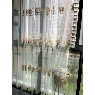 2pcs Elegant European Peony Flower Embroidery Tulle Sheer Voile Curtains for Bedroom Living Room Home Decor