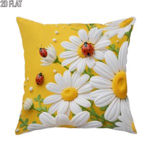2D Flat 1pc Spring Floral Yellow Ladybug Throw Pillow Covers White Cosy Decorative Pillowcases One-Sided Printing for Living Room Bedroom Sofa Bed Decor Without Pillow Inserts