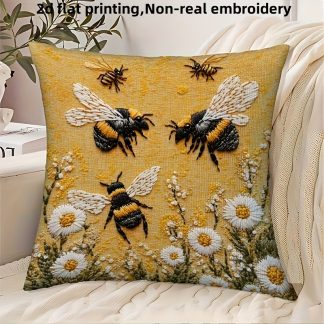 1pc 2D Flat Printing Modern Bee and Dandelion Design Pillowcase, 18x18 Inches, Comfortable and Soft, Non-Real Embroidery, 100% Polyester Fiber, Zipper Closure, Single-Sided Printing, Machine Washable, for Bedroom, Farmhouse, Car, Living Room Sofa