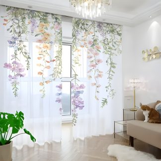 2pcs Semi-Transparent Sheer Curtains, Fresh Watercolor Floral Print Window Drapes in Country Style for Living Room and Bedroom Decor, Suitable for All Seasons, Machine Washable, Ideal for Living Rooms, Bedrooms, Study, Dining Areas, Offices, Balconies, Home Decoration