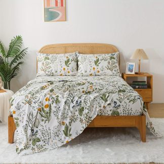 4Pcs Bed Sheets Set, Fine Cotton Percale Floral Printed, Breathable Soft All-Season, Machine Washable, Fitted Sheet 45-49cm Deep Pocket, Fullu002FQueenu002FKingu002FCal King